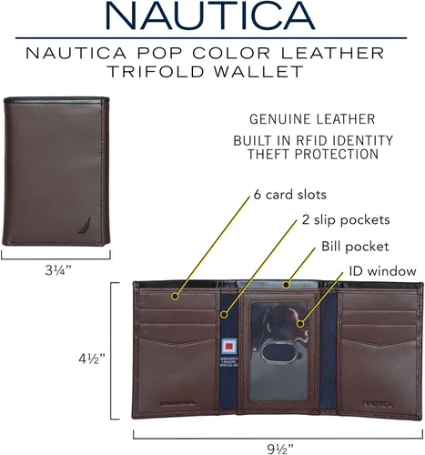 Miniatura 5 de Nautica Men's Trifold Wallet RFID Blocking Protection ID Window Card Slots Genuine Leather Durable