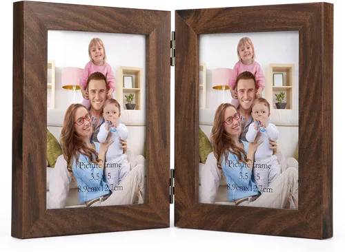 Giftgarden Marco de fotos doble de 3.5 x 5 pulgadas, color marrón con pantalla de vidrio transparente, fotos de 5 x 3.5 pulgadas, marco plegable