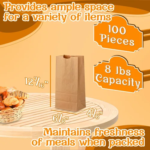 Miniatura 2 de MT Products Bolsas de papel kraft de 8 libras. Bolsas de almuerzo de papel desechables perfectas para ir de compras - Paquete de 100