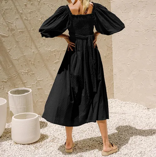 Miniatura 4 de R.Vivimos Vestido de verano bohemio de algodón con mangas abombadas y lunares suizos con cordones fruncidos, casual, acampanado, vestido por debajo