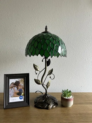 Miniatura 4 de Lámpara de mesa de vidrieras hojas verdes hojas de metal de hierro base de bronce incluida bombilla LED para sala de estar, dormitorio, mesita