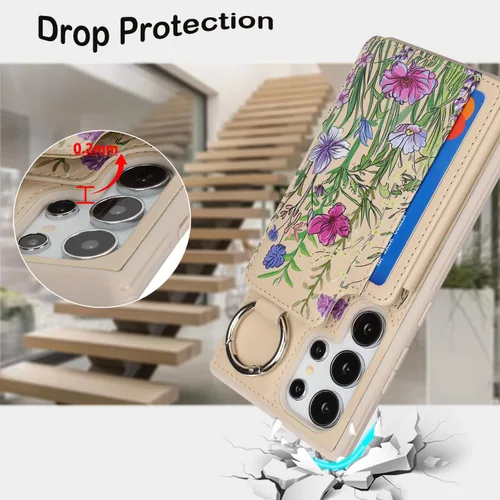 Miniatura 5 de Havaya Funda para Samsung Galaxy S22 Ultra con tarjetero con llavero y soporte de anillo con diseño floral para teléfono, ranuras para tarjetas