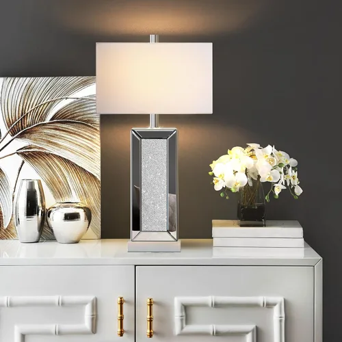 Miniatura 5 de Juego de 2 lámparas de mesa modernas con control táctil, lámpara de mesita de noche con espejo de diamante de cristal de plata con puertos USB C+A