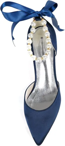 Miniatura 3 de Pointed Toe Pearl Satin Wedding Shoes for Bride Low Heel Bridal Shoes for Women Satin Heels Prom Party Shoes 1608-28