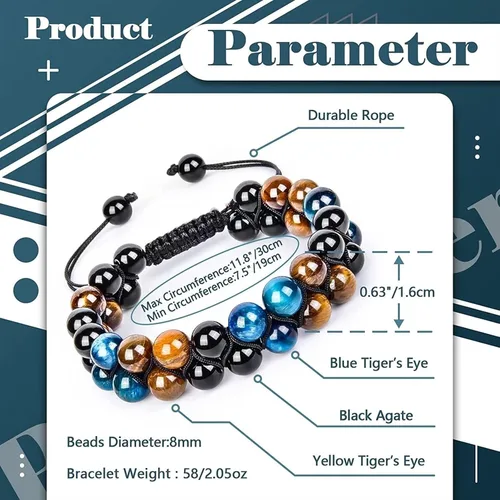 Miniatura 2 de Triple Protection Bracelet, 8mm 10mm Natural Stone Beads Obsidian Tiger Eye Hematite, Double Layer Hand Healing Crystal Stretch Bracelet,Protection