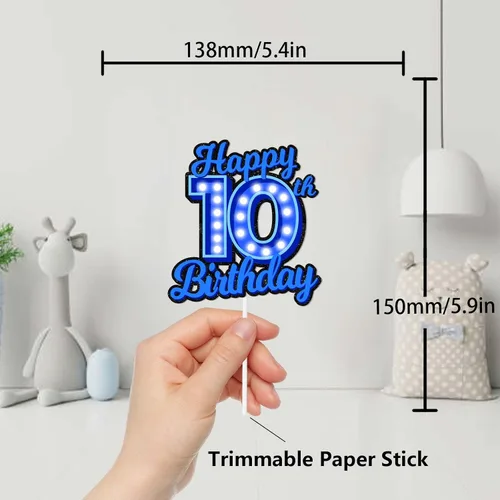 Miniatura 2 de Decoración de pastel de cumpleaños 10 con purpurina azul Let's Glow Crazy Party Theme Decor Supplies Men Women Happy Birthday 10 Anniversary Party