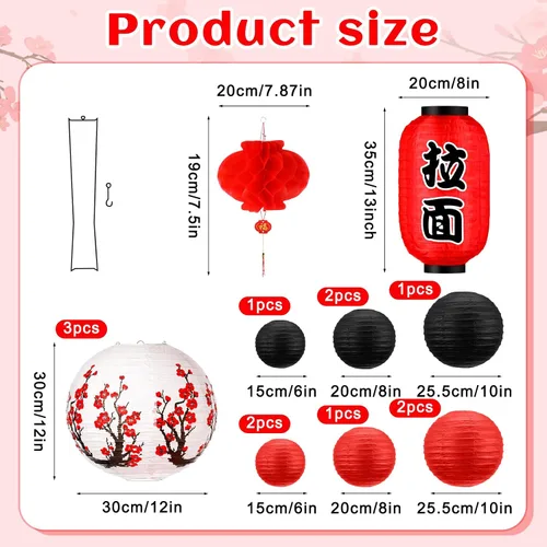 Miniatura 2 de Tuanse 40 linternas de papel japonesas chinas decorativas LED con flor de cerezo rojo chino para interiores y exteriores (rojo, rosa)