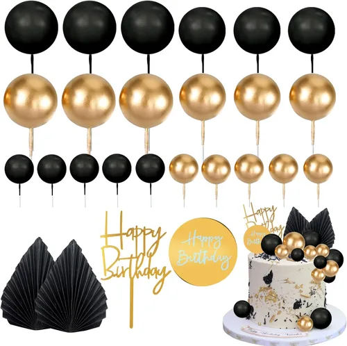 Miniatura 10 de MEMOVAN 26 piezas de decoración de pastel de cumpleaños para hombre, decoración de pastel bohemio negro, bolas negras plateadas, hojas de palma