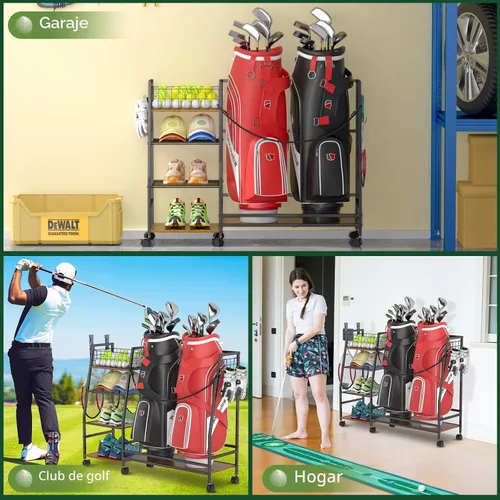 Miniatura 7 de DAOUTIME Estante de almacenamiento para bolsas de golf para garaje con ruedas, organizador para bolsa de golf y accesorios de equipo, soporte