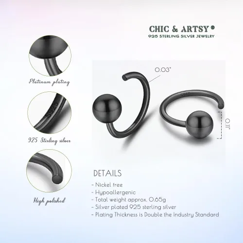 Miniatura 5 de CHIC & ARTSY Aretes de aro de plata de ley 925, pequeños aretes de aro de bola, barra, estrella, luna, corazón, cruz, punto, triángulo, medio aro