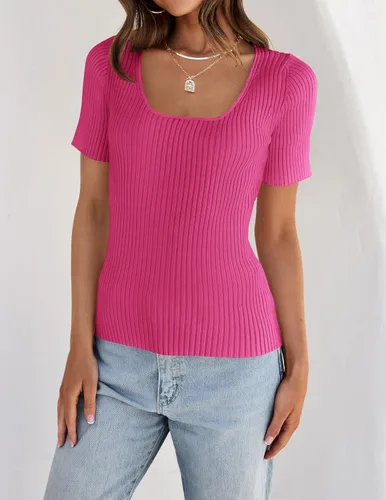 Miniatura 3 de ZESICA Camisetas de manga corta con cuello cuadrado para mujer, ajustadas, de verano, de punto acanalado, básicas, casuales