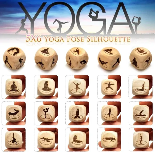 Miniatura 4 de Juego de 5 dados de madera para yoga, grabado con láser, diseño de silueta de yoga, regalo para mujeres yoguis