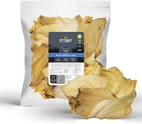 Pet Craft Supply Paquete de 16 orejas de búfalo de agua alimentadas con pasto, totalmente naturales, de un solo ingrediente, orejas de cerdo para