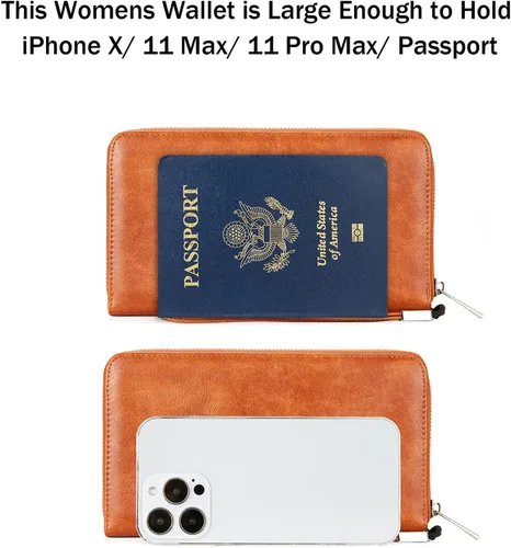 Miniatura 3 de BROMEN Cartera de cuero grande para mujer, soporte para teléfono con cremallera alrededor del bolso