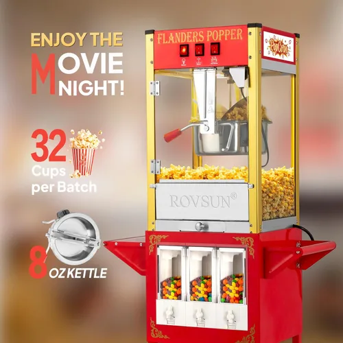 Miniatura 2 de Máquina de palomitas de maíz ROVSUN estilo cine con carrito y ruedas, hervidor de 8 onzas, hace hasta 32 tazas de palomitas, con dispensadores