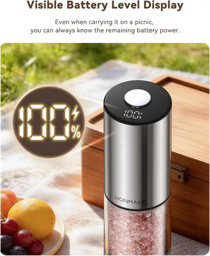 Miniatura 11 de Juego de molinillo eléctrico de sal y pimienta, tipo C recargable con pantalla de nivel de batería LED, salero y pimentero de acero inoxidable