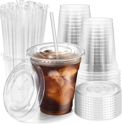 Miniatura 9 de Fit Meal Prep Paquete de 100 tazas de plástico para café helado de 32 onzas con tapas planas y pajitas transparentes, vasos transparentes