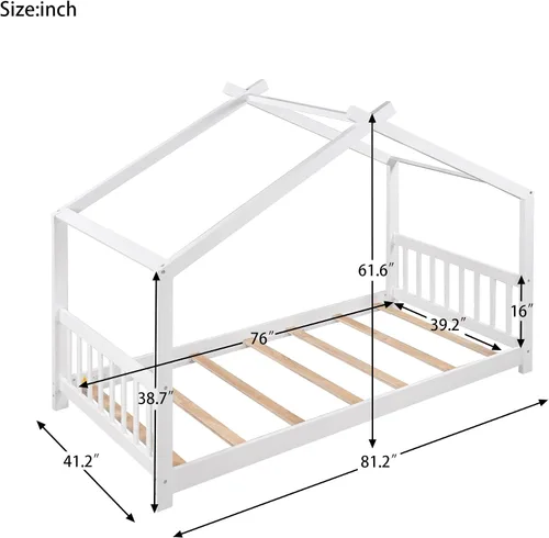 Miniatura 2 de Camas de madera Montessori tamaño individual, cama de plataforma para niños con cabecero y estribo, cama de tienda de campaña, no necesita somier