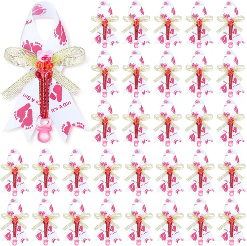 Miniatura 7 de Jexine 50 piezas de broche con lazo para baby shower, broche de cinta con chupete azul y oso para decoración de fiesta de revelación de género