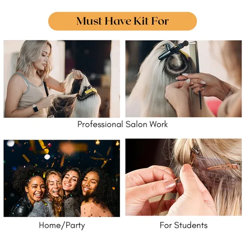 Miniatura 9 de El kit de herramientas de extensión de cabello incluye 2 alicates para prensar microeslabones con microcuentas, 12 clips de seccionamiento, Dorado