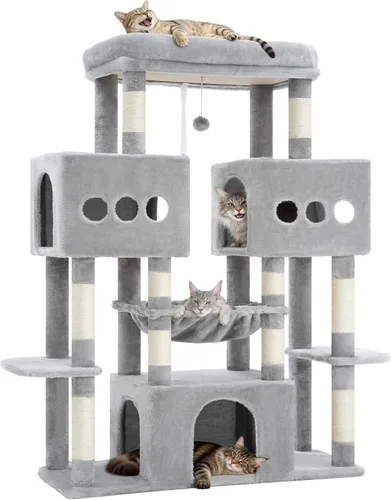 Miniatura 9 de Hey-brother Torre de árbol para gatos, postes rascadores de sisal grande con plataforma grande, 3 amplios condominios, hamaca de felpa, juguete