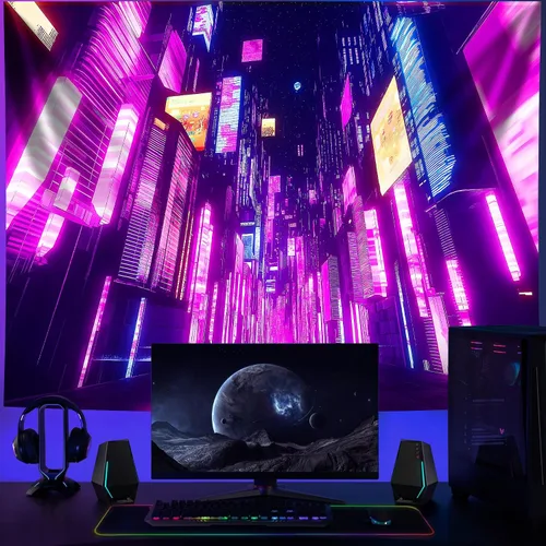 Miniatura 5 de NYZE Tapiz de luz negra de ciudad, tapiz de anime japonés, juego punk, fantasía, vista nocturna, paisaje urbano, arte futurista, neón, tapices