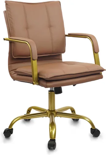 CLATINA Sillas de Escritorio de Cuero para Oficina en Casa, Silla Giratoria de Respaldo Medio para Computadora con Patas y Brazos Dorados, Cómoda