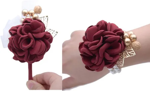 Miniatura 4 de Boutonniere de satén para hombre, diseño de flores de novia para boda, fiesta de graduación, 2 unidades, color burdeos