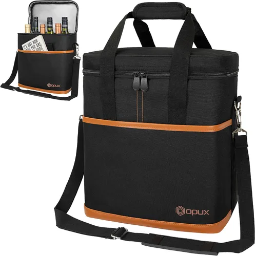 Miniatura 20 de Opux Bolsa térmica de vino con aislamiento para 4 botellas, a prueba de fugas, portátil, para viajes, picnic, regalo BYOB (negro)