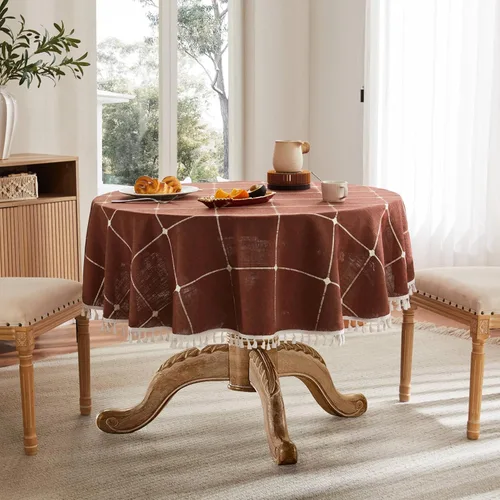 Miniatura 87 de ZeeMart - Mantel de mesa con diseño de cuadrícula boho y borlas (blanco roto, 132 cm x 132 cm), mantel de gran peso de lino a cuadros bordado