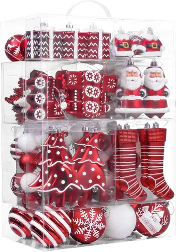 Valery Madelyn Juego de adornos para árbol de Navidad, 155 unidades, color rojo y blanco, irrompibles, decoración a granel, variedad de adornos