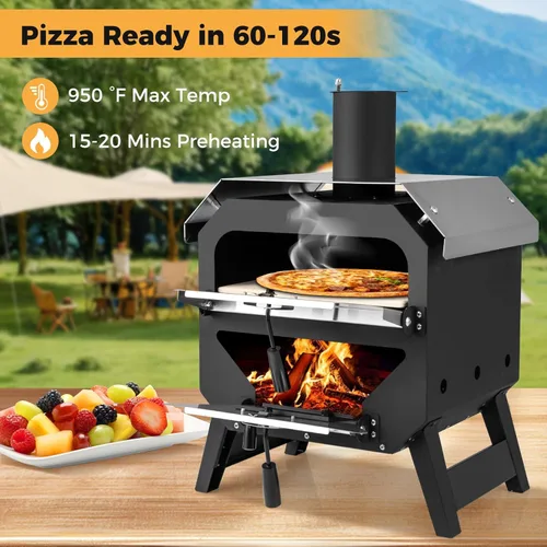 Miniatura 4 de Happygrill Horno de Pizza para Exteriores, Estufa de Pizza Portátil de 12" de leña con Piedra para Pizza, Pala para Pizza y Funda de Tela Oxford