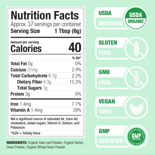 Miniatura 2 de Greens Superfood en polvo, cultivado en Estados Unidos, col rizada orgánica, hierba de cebada, pasto de trigo, sin azúcar, 8 onzas, fabricado