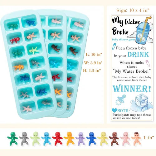 Miniatura 3 de ZYFLSQ My Water Broke Baby Shower Game 60 mini bebés de plástico multicolor, 3 bandejas de cubitos de hielo, 1 letrero