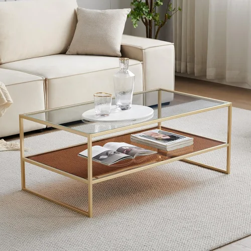 Miniatura 17 de Shrine - Mesa de café rectangular, diseño moderno de mediados de siglo, estructura de 2 niveles, parte superior de vidrio ámbar y estante de MDF