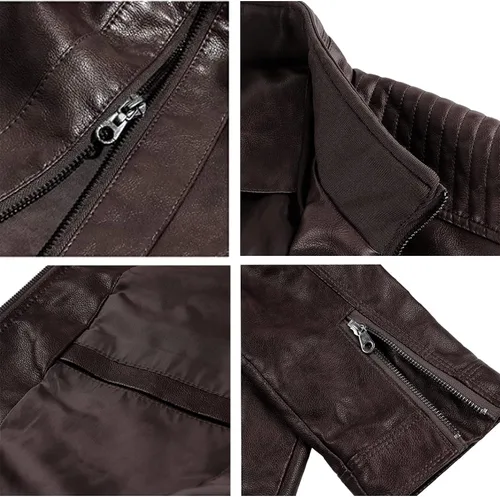 Miniatura 7 de VICALLED Chaqueta de cuero para hombre, ajuste delgado, cuello alto, chaqueta de motocicleta de poliuretano, ligera