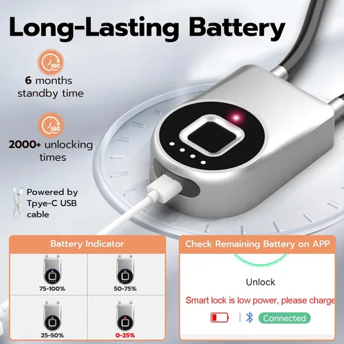 Miniatura 6 de eLinkSmart - Cerradura de cable de huellas dactilares, cerraduras para nevera con control de aplicación Bluetooth, candado inteligente biométrico