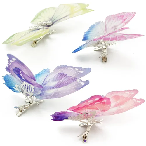Miniatura 4 de Flying Butterfly - Pinzas para el cabello, 4 piezas grandes de organza 3D de metal plateado, alas móviles, accesorios de 4.3 pulgadas para mujeres