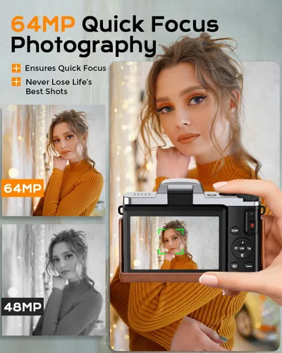 Miniatura 2 de Cámara digital 4K para enfoque automático de fotografía, cámara de vlogging WiFi de 64MP para YouTube con pantalla abatible de 180° de 3 pulgadas
