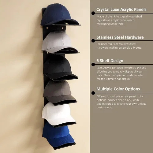 Miniatura 6 de OnDisplay Expositor de acrílico de lujo para gorras, organizador de gorra de béisbol montado en la pared, exhibición de pared con varios estantes
