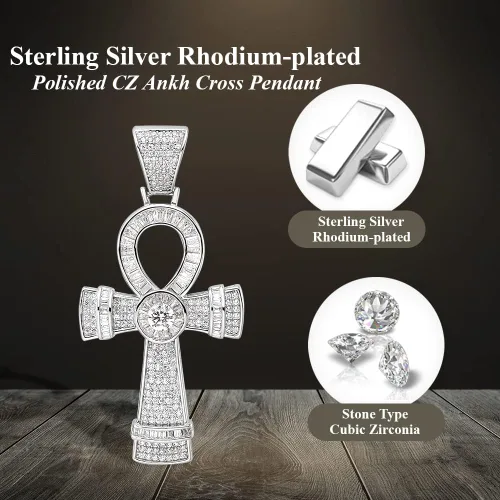 Miniatura 5 de Auriga Fine Jewelry Colgante de cruz Ankh de plata esterlina 925 con circonita cúbica rodiada para mujer (L-2.131 in, W-1.039 in), Metal, Circonita