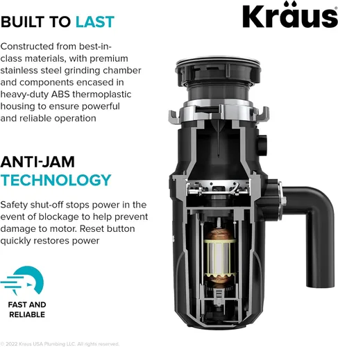 Miniatura 7 de KRAUS WasteGuard KWD100-33MBL - Triturador de basura ultra silencioso de 1/3 HP con conexión rápida, cubierta de drenaje para fregadero de cocina