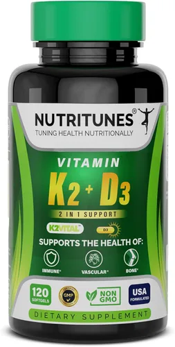 Vitamina D3 K2–5000 UI D3 y 100 mcg K2 MK-7 – Apoya la salud ósea, cardíaca e inmunológica – Suplemento de vitamina K2 D3 – 120 cápsulas blandas,