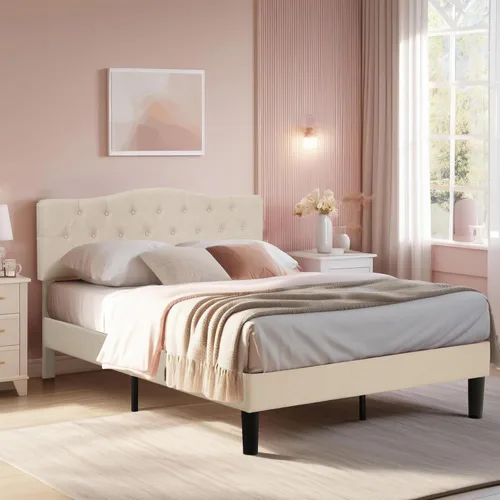 Miniatura 3 de VECELO Estructura de Cama Tamaño Full Tapizada con Cabecera Ajustable Acolchada/Base de Colchón con Soporte de Listones de Madera, Fácil Montaje