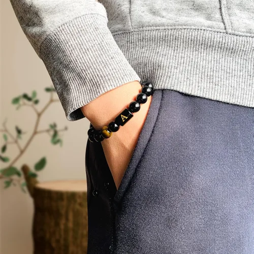 Miniatura 4 de SUMMER LOVE Regalos para el Día del Padre, pulsera con inicial de piedra de ónix negro de 0.394 pulgadas para hombres, pulsera de cuerda trenzada