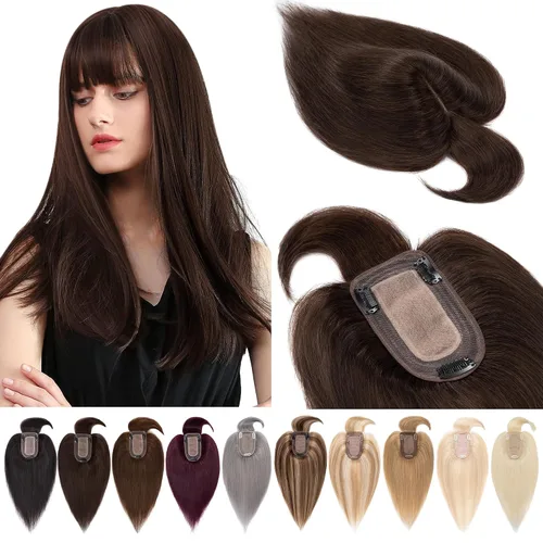 Miniatura 27 de SEGOHAIR Toppers de cabello humano real con flequillo, 2.8 x 5.1 in, base de seda con clip, piezas superiores de Wiglet añaden volumen, 6 pulgadas