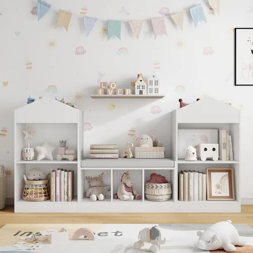 Miniatura 6 de MHOM Estantería infantil de 68.9 pulgadas con rincón de lectura, organizador de almacenamiento de juguetes con cojín de asiento y 7 cubos de Blanco