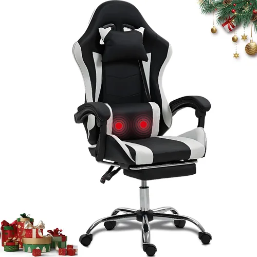 Miniatura 7 de Silla ergonómica para juegos con madera de masaje, silla de videojuegos gris con reposapiés para adultos y niños, reposacabezas ajustable y soporte