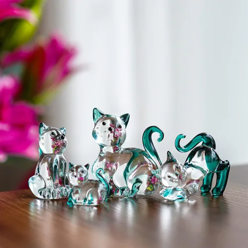 Miniatura 5 de HDCRYSTALGIFTS Figuras de Gatos de Cristal Soplado de 2 pulgadas Coleccionables Paquete de 4 Estatua de Animal Gatito de Cristal Verde Esmeralda
