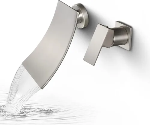 Miniatura 13 de SKOWLL Grifo de fregadero de baño de montaje en pared de una sola manija, juego de grifo moderno de cascada de oro cepillado, boquilla de cascada